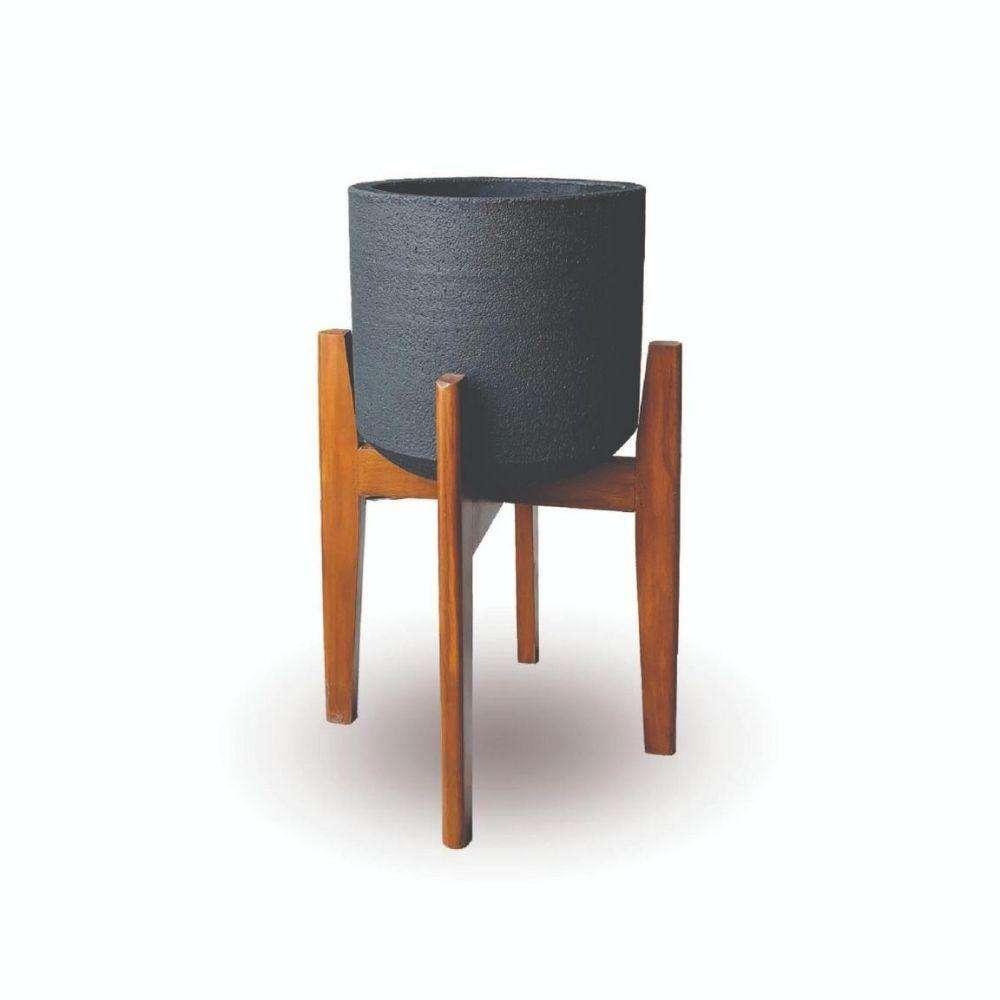 Neri Black Mid- Century Cement Planter With Wooden Stand | Cement Cement Cement