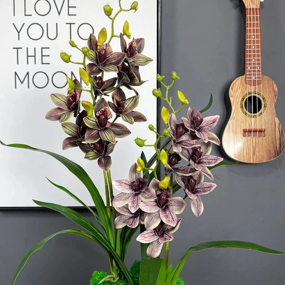 Real Touch Cymbidium Orchid Bouquet w Faux Leaves | Small Floral & Foliage Decor Decor Small Floral & Foliage Decor